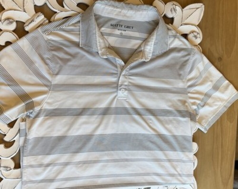 Matte Grey TPC sawgrass Size Medium, White And Grey Striped Golf Polo